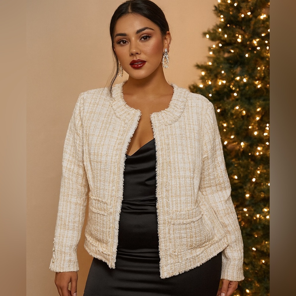 NWT Nanette Lepore Tweed Blazer Jacket Cream Ivory Large ‘Chanel Vibes’